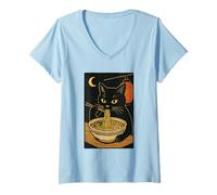Mujer Arte de Fideos japoneses con gráfico de Gatos Midnight Ramen Ritual Camiseta Cuello V