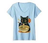 Mujer Arte de Fideos japoneses con gráfico de Gatos Midnight Ramen Ritual Camiseta Cuello V