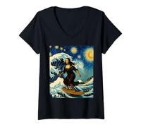 Mujer Arte de fusión Genial de Mona Lisa surfeando una Gran Ola en una Noche Estrellada Camiseta Cuello V