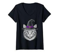 Mujer Arte de Halloween de Gato Mágico para Amantes de Gatos Camiseta Cuello V