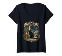 Mujer Arte de Halloween de Gato Negro Solo para Miembros de Midnight Club Camiseta Cuello V
