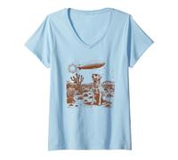 Mujer Arte de ilustración Vintage de Perro del Desierto y zepelín Camiseta Cuello V
