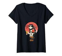 Mujer Arte de Japón: Samurai Cat Warrior Japonés Neko Katana Camiseta Cuello V