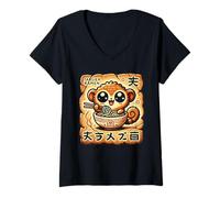 Mujer Arte de la cueva japonesa Fideos Amante Vida Silvestre Lindo Tarsier Ramen Camiseta Cuello V