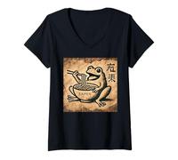 Mujer Arte de la cueva japonesa Fideos Amante Vida Silvestre Sapo Ramen Camiseta Cuello V