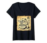 Mujer Arte de la cueva japonesa Fideos Amante Vida Silvestre Sapo Ramen Camiseta Cuello V
