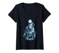 Mujer Arte de Lobo Aullador en Bosque Iluminado por la Luna Camiseta Cuello V