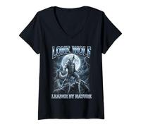 Mujer Arte de Lone Wolf Leader by Nature Aullando la Luna Llena Camiseta Cuello V