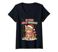 Mujer Arte de Luces navideñas con Forma de Gato «Is This Jolly Enough» Camiseta Cuello V
