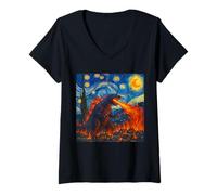 Mujer Arte de monstruos al estilo Van Gogh de Kaiju Starry Night Camiseta Cuello V