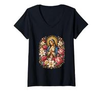 Mujer Arte de oración Mariana católica Floral de Nuestra Señora de Guadalupe Camiseta Cuello V