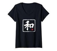 Mujer Arte de palabras de escritura de pincel japonés "Harmony" Camiseta Cuello V