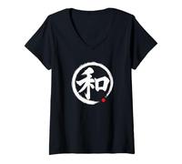 Mujer Arte de palabras de escritura de pincel japonés "Harmony" Camiseta Cuello V