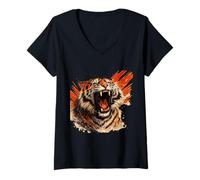 Mujer Arte de Poder indómito del Tigre rugiente Camiseta Cuello V