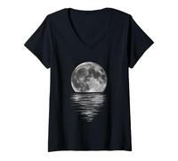 Mujer Arte de reflexión de Agua de Luna Llena | Serene Night Sky Moonlight Camiseta Cuello V