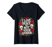 Mujer Arte de Tatuaje con Forma de Calavera gótica y Rosa con Texto «I Love Peace Not Your Opinion» Camiseta Cuello V