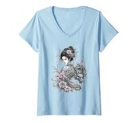 Mujer Arte de Tinta de fantasía Floral Rosa con diseño de dragón Floral Camiseta Cuello V