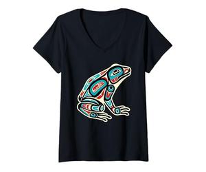 Mujer Arte de tótem Tribal de Rana nativa Americana del noroeste del Pacífico Camiseta Cuello V
