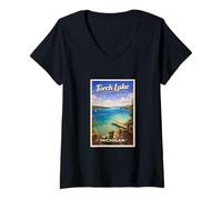 Mujer Arte de Viaje Retro de Michigan Torch Lake Traverse City Up North Camiseta Cuello V