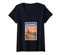 Mujer Arte de Viaje Vintage del Lago Michigan, Faro de San José, MI Camiseta Cuello V