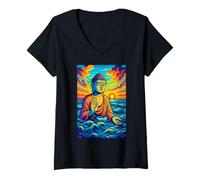Mujer Arte del atardecer de Buda, meditación espiritual del océano Mindfulness Camiseta Cuello V