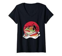 Mujer Arte del guerrero de la rana samurái Camiseta Cuello V