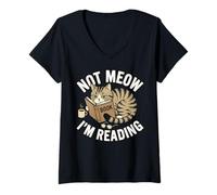 Mujer Arte Divertido para Amantes de los Libros Not Meow I'm Reading Grumpy Looking Cat Camiseta Cuello V