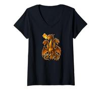 Mujer Arte Dragón Hidra Respirando Fuego Tres Monstruos Cuello Largo Camiseta Cuello V