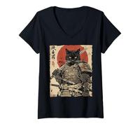 Mujer Arte en Tinta Samurai Cat Warrior Ink Kawaii Anime Cat Samurai Camiseta Cuello V