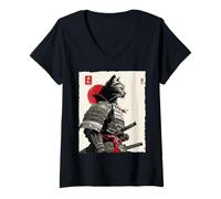 Mujer Arte en Tinta Samurai Cat Warrior Ink Kawaii Anime Cat Samurai Camiseta Cuello V