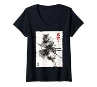 Mujer Arte en Tinta Samurai Cat Warrior Ink Kawaii Anime Cat Samurai Camiseta Cuello V