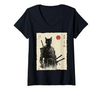 Mujer Arte en Tinta Samurai Cat Warrior Ink Kawaii Anime Cat Samurai Camiseta Cuello V