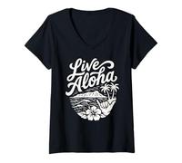 Mujer Arte en Vivo de Aloha Shaka Surf Wave Hibiscus Hawaii Diamondhead Camiseta Cuello V