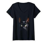 Mujer Arte facial realista de gato de pelo corto oriental negro Camiseta Cuello V