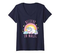 Mujer Arte fantástico de Believe In Magic con Unicornios y arcoíris Camiseta Cuello V