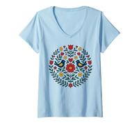 Mujer Arte Folclórico Pájaros Corazón Flores Mandala Polaco Estilo Camiseta Cuello V
