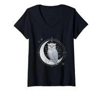 Mujer Arte geométrico búho Celestial Fases Lunares y símbolo cósmico Camiseta Cuello V