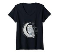 Mujer Arte geométrico búho Celestial Fases Lunares y símbolo cósmico Camiseta Cuello V