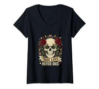 Mujer Arte gótico del Tatuaje de Las Rosas del Amor Verdadero Nunca morirá Camiseta Cuello V