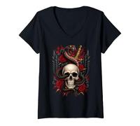 Mujer Arte gótico del Tatuaje de Serpiente y Daga de Calavera Camiseta Cuello V