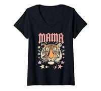 Mujer Arte gráfico de Mama Tiger Face Rebel Mom Wild Animal Camiseta Cuello V