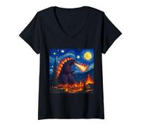 Mujer Arte gráfico Kaiju Monster inspirado en la noche estrellada de Van Gogh Camiseta Cuello V