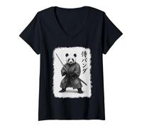 Mujer Arte gráfico vintage de Samurai Panda Ukiyo-e Warrior Camiseta Cuello V
