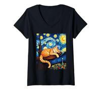 Mujer Arte Inspirado en la Noche Estrellada de Van Gogh del Gato Dormido Sereno Camiseta Cuello V