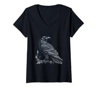 Mujer Arte intrincado de cuervo negro con detalle de hojas ornamentadas Camiseta Cuello V