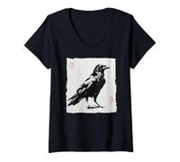 Mujer Arte japonés cuervo cuervo estilo vintage gótico Camiseta Cuello V