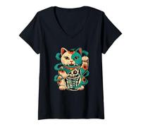 Mujer Arte japonés de gato esqueleto fuera de la suerte Camiseta Cuello V