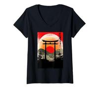 Mujer Arte japonés del paisaje del atardecer con kanji japonés Camiseta Cuello V