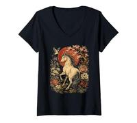 Mujer Arte Japonés Grúa Caballo Flores Sun Cherry Blossom Gráfico Camiseta Cuello V