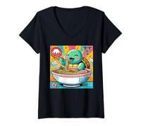 Mujer Arte japonés pop Monte Fuji Sunset Baby Turtle Ramen Camiseta Cuello V